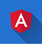 Logo da tecnologia Angular em vermelho em um fundo azul